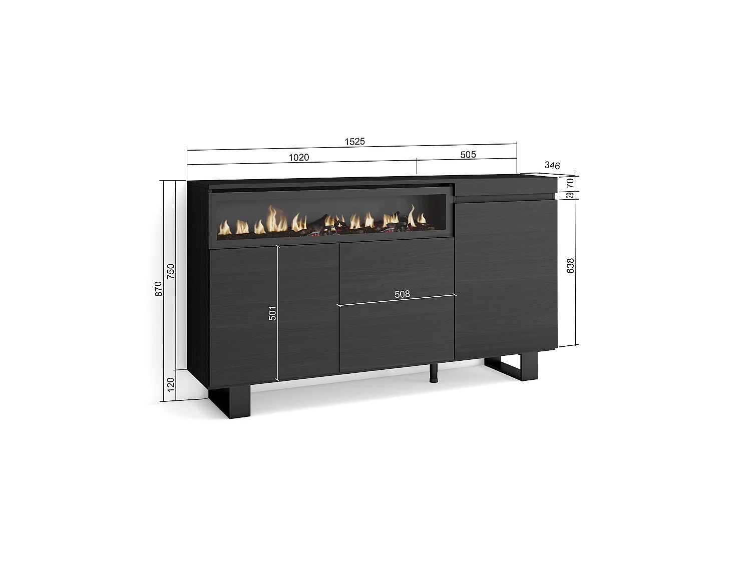 Dressoir, Opbergkast, 150x35x87cm, 3 Deuren, Elektrische haard, Industrieel design, Zwart