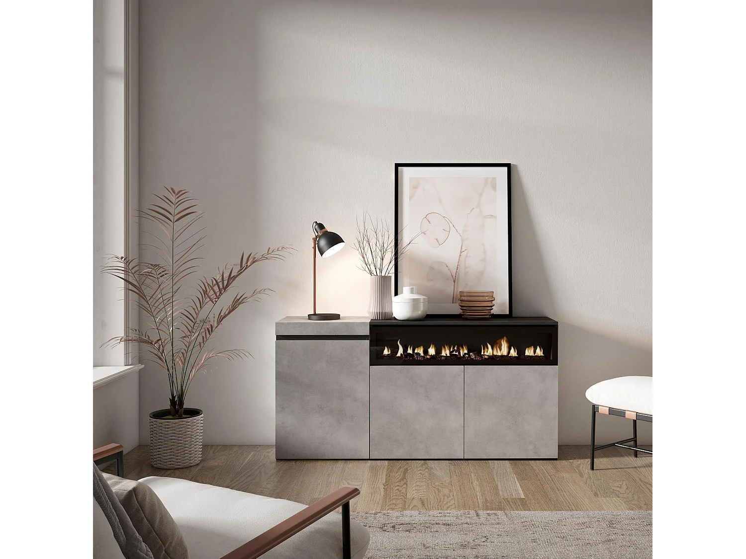 Sideboard, Highboard, 150x35x75cm, 3 Türen, Elektrokamin, Zement