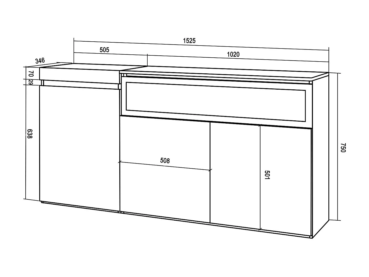 Sideboard, Highboard, 150x35x75cm, 3 Türen, Elektrokamin, Zement
