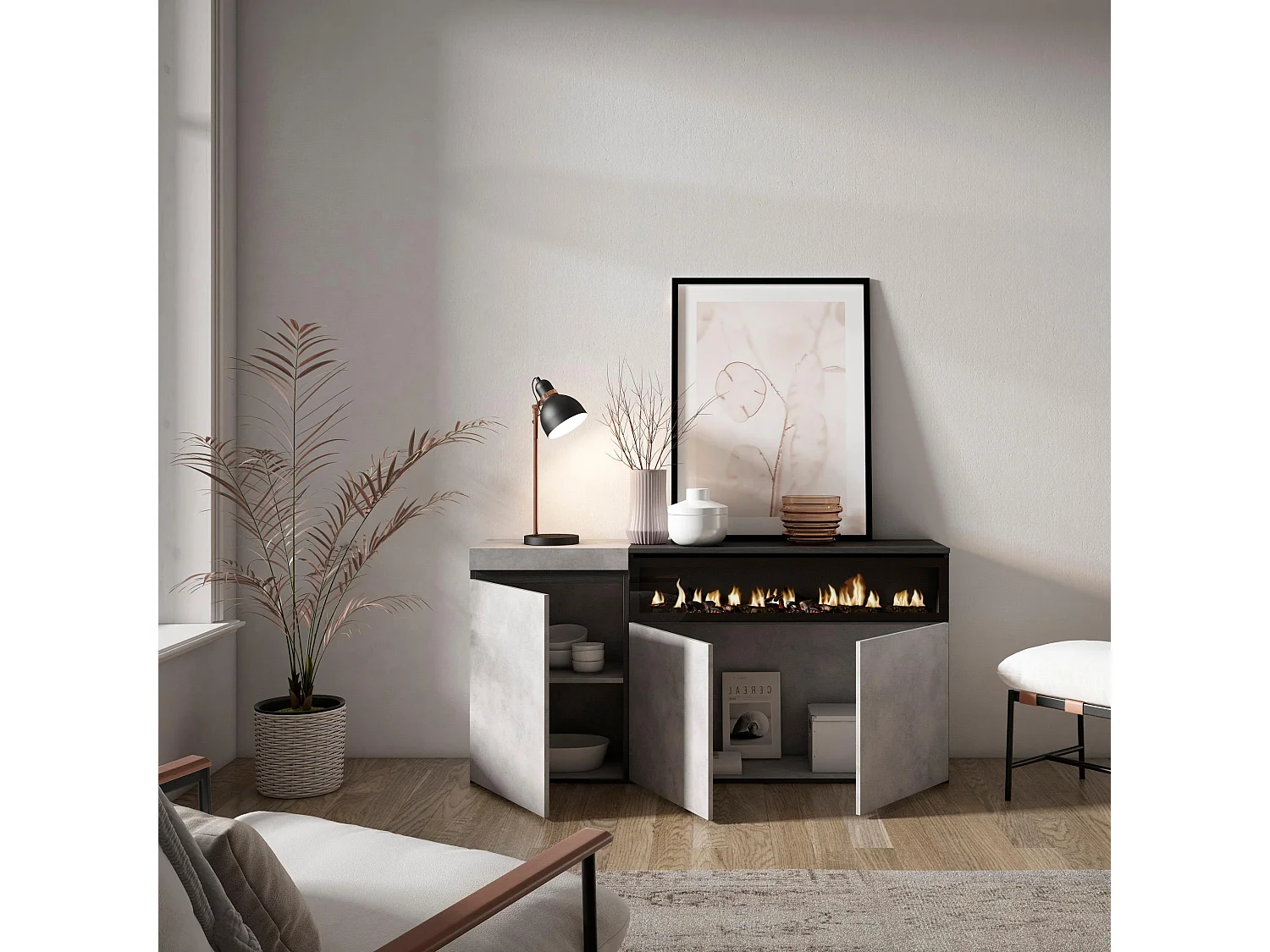 Buffet salon et cuisine, 150x35x75cm, 3 Portes, Cheminée électrique, Ciment