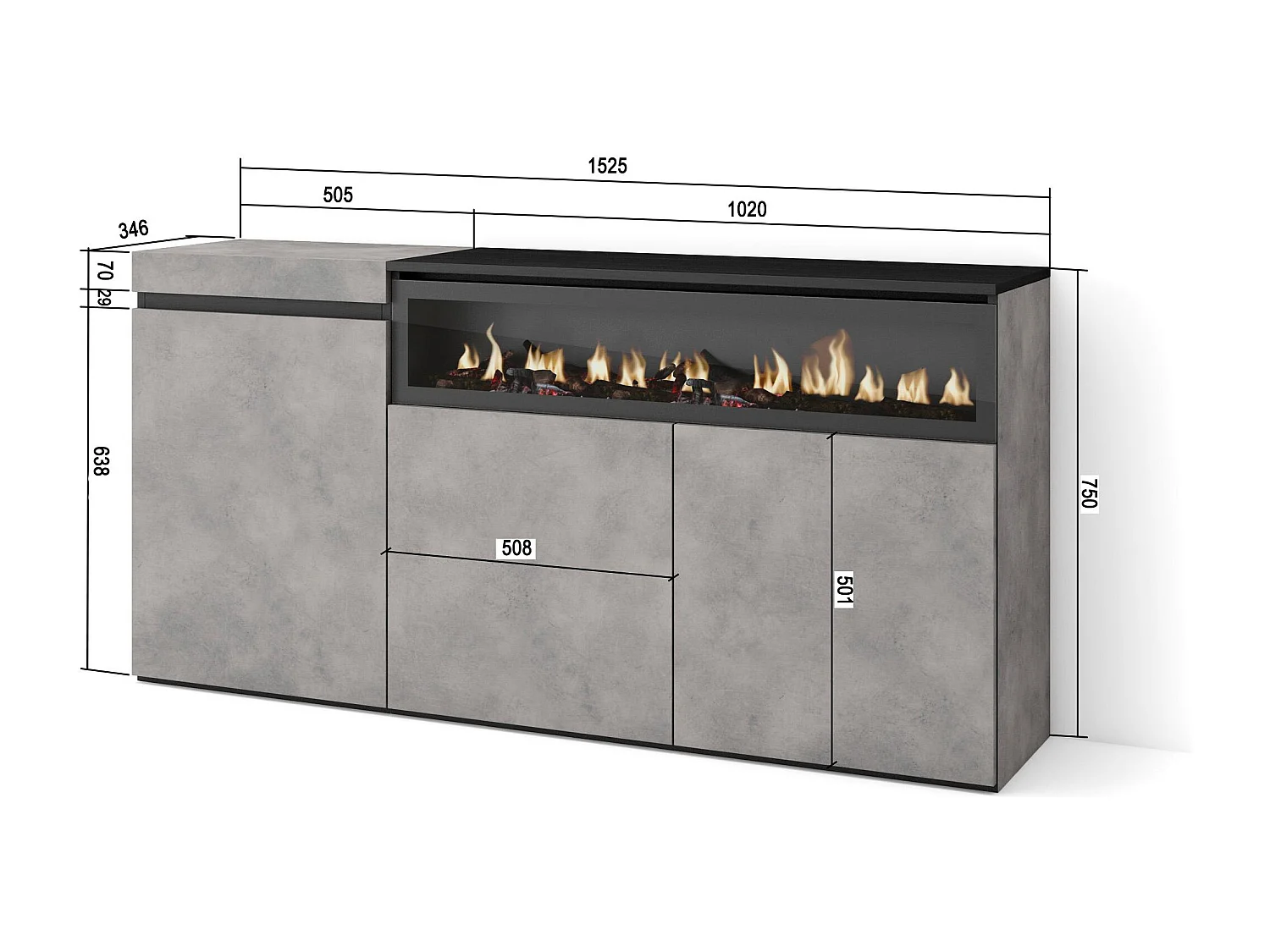 Aparador sala de jantar, 150x35x75cm, 3 Portas, Lareira eléctrica, Cimento