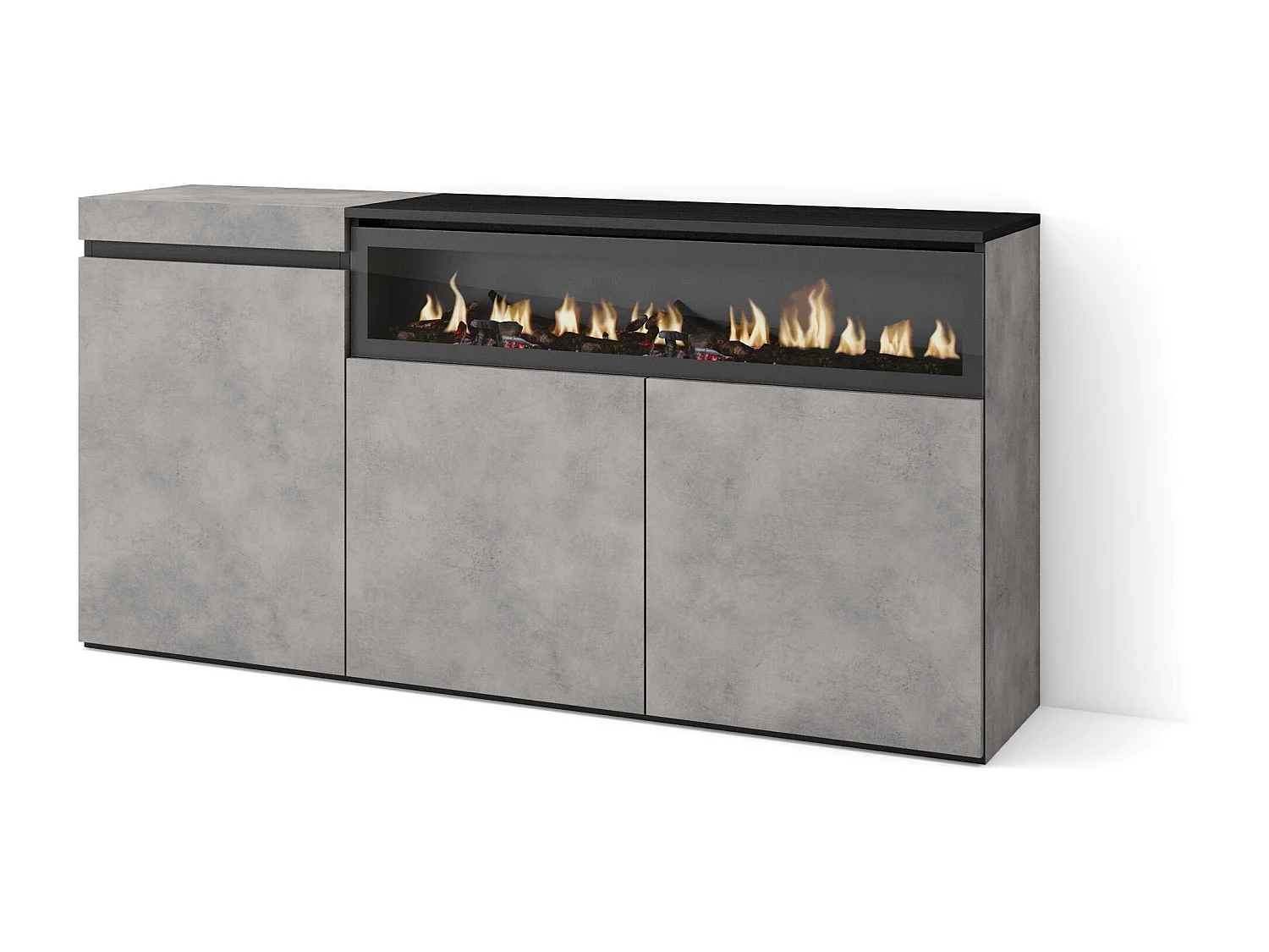 Sideboard, Highboard, 150x35x75cm, 3 Türen, Elektrokamin, Zement