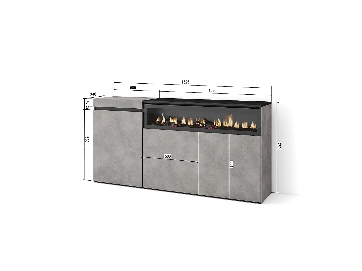 Sideboard, Highboard, 150x35x75cm, 3 Türen, Elektrokamin, Zement