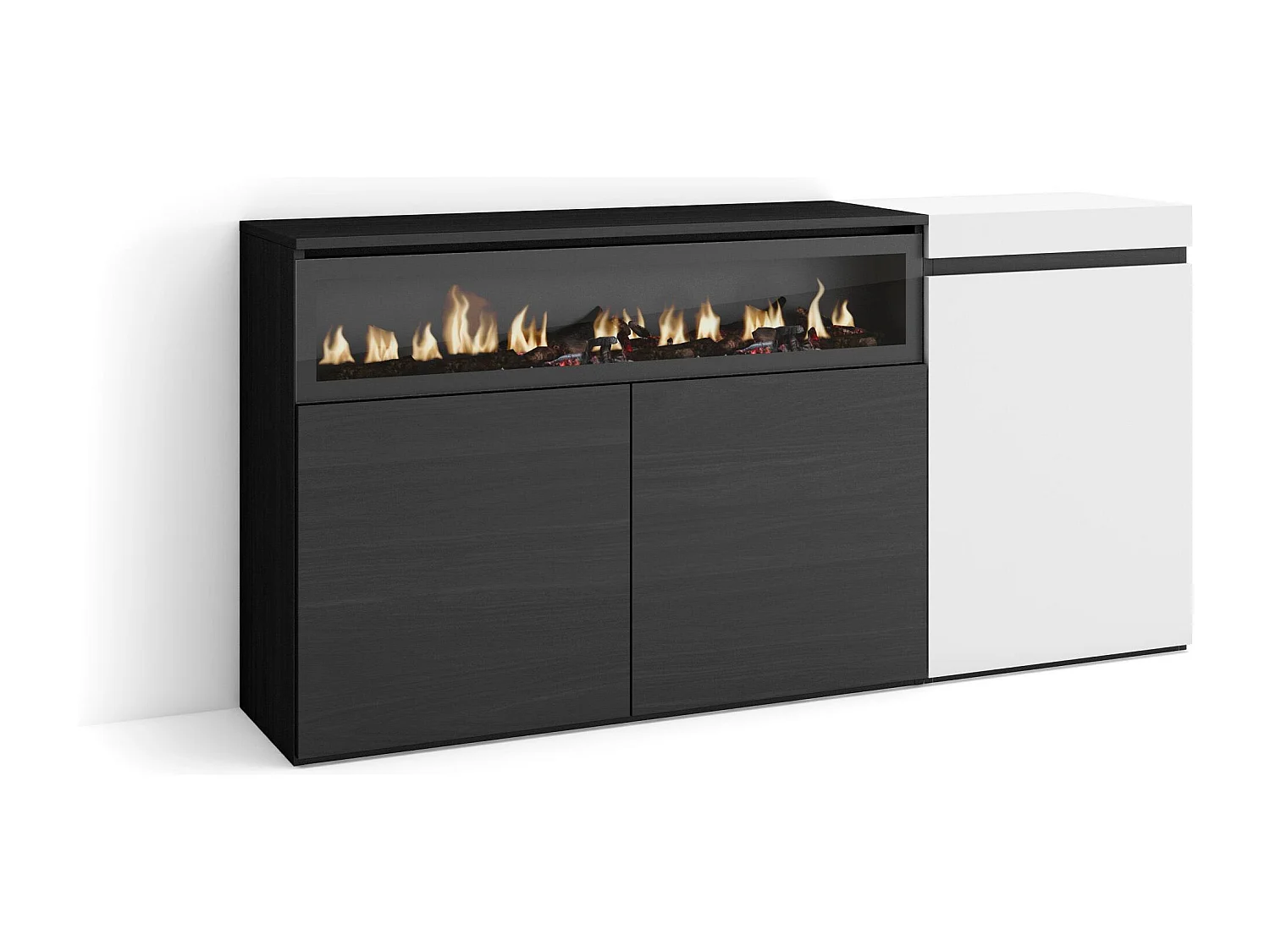 Sideboard, Highboard, 150x35x75cm, 3 Türen, Elektrokamin, Weiß und Schwarz