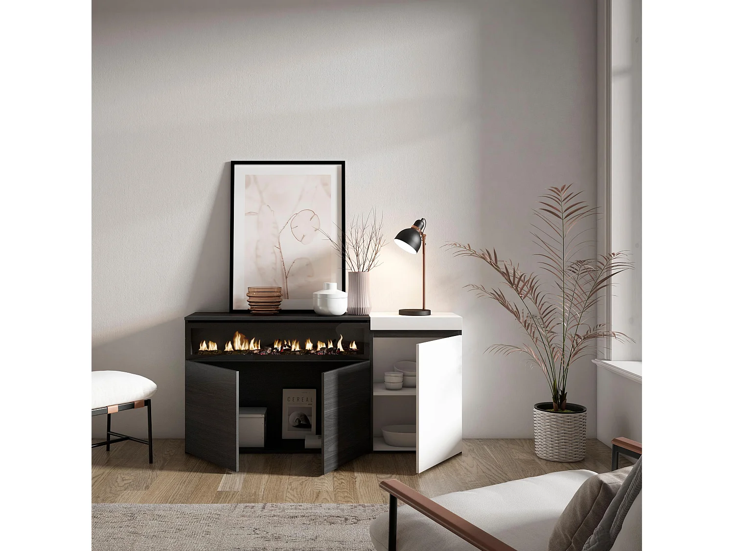 Sideboard, Highboard, 150x35x75cm, 3 Türen, Elektrokamin, Weiß und Schwarz