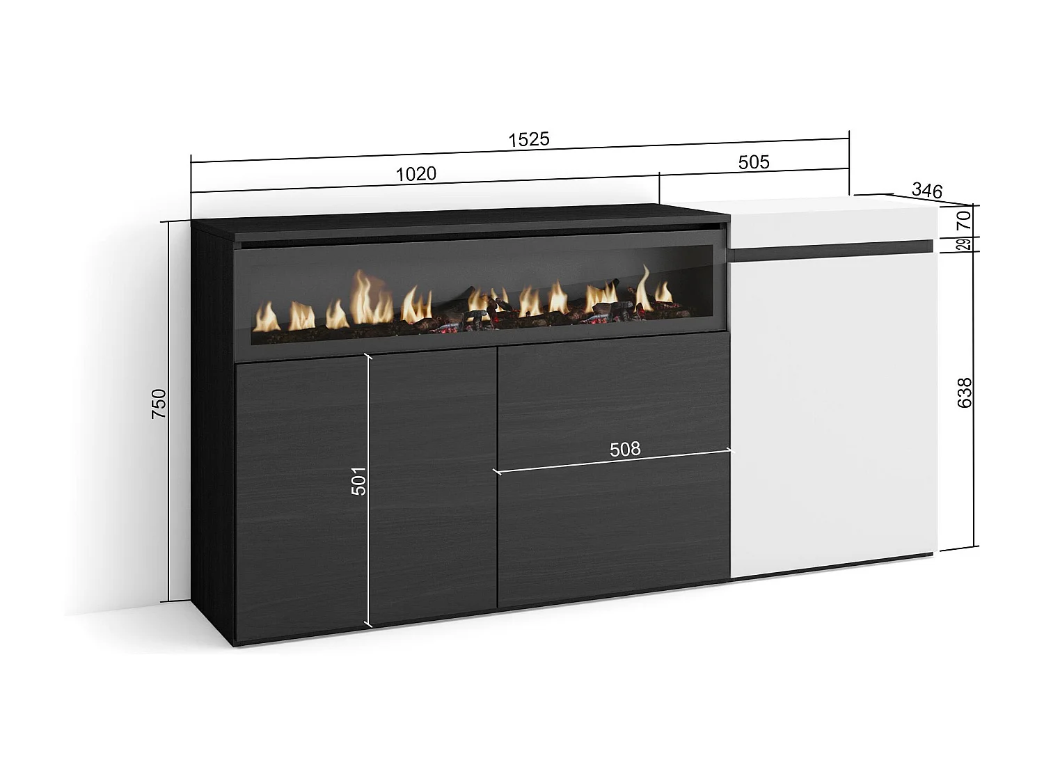 Sideboard, Highboard, 150x35x75cm, 3 Türen, Elektrokamin, Weiß und Schwarz