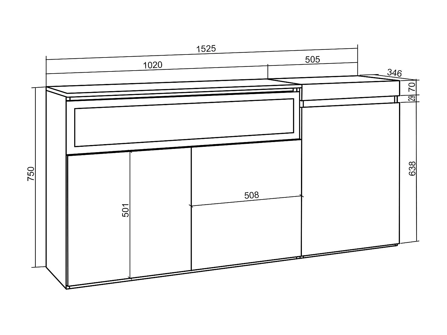 Sideboard, Highboard, 150x35x75cm, 3 Türen, Elektrokamin, Weiß und Schwarz