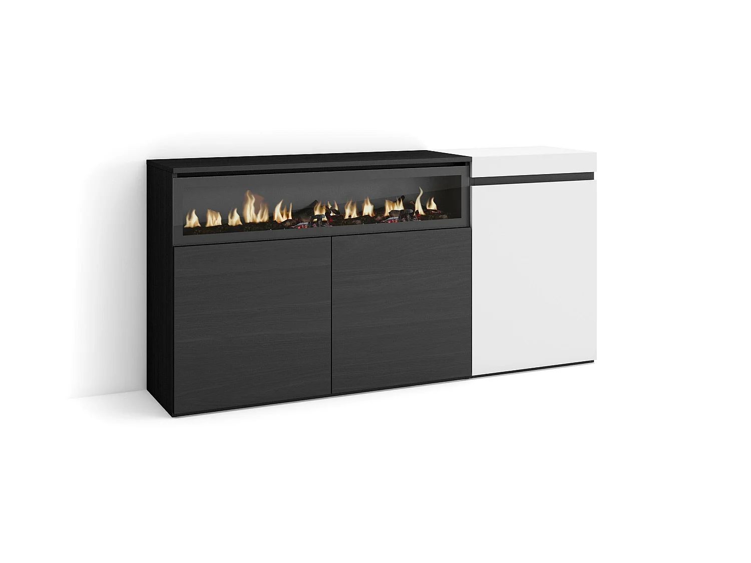 Buffet salon et cuisine, 150x35x75cm, 3 Portes, Cheminée électrique, Blanc et noir