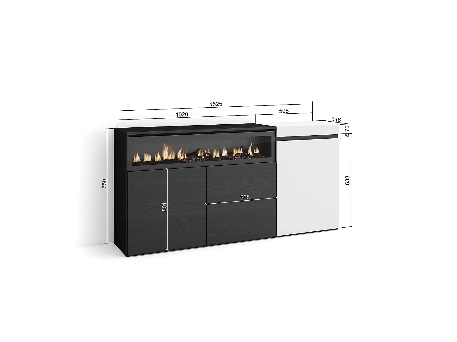 Buffet salon et cuisine, 150x35x75cm, 3 Portes, Cheminée électrique, Blanc et noir