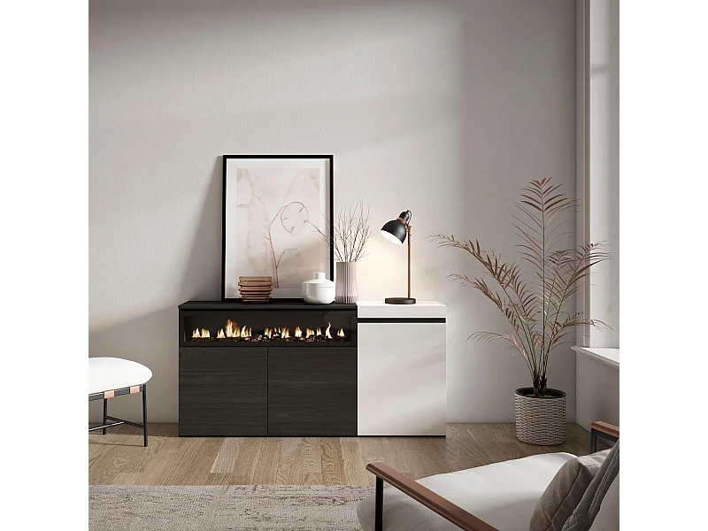 Buffet salon et cuisine, 150x35x75cm, 3 Portes, Cheminée électrique, Blanc et noir