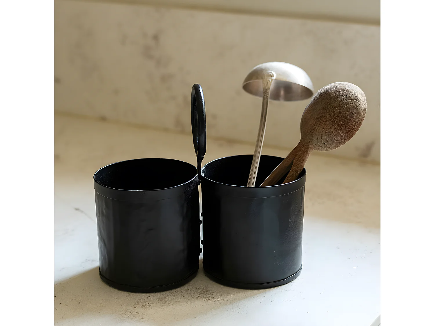Pot à ustensiles 2 compartiments en métal noir mat