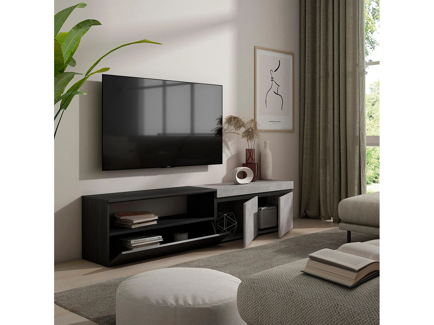 Mobile TV Soggiorno, 200x35x45cm, Per TV fino a 80", Mobile Soggiorno, Cemento