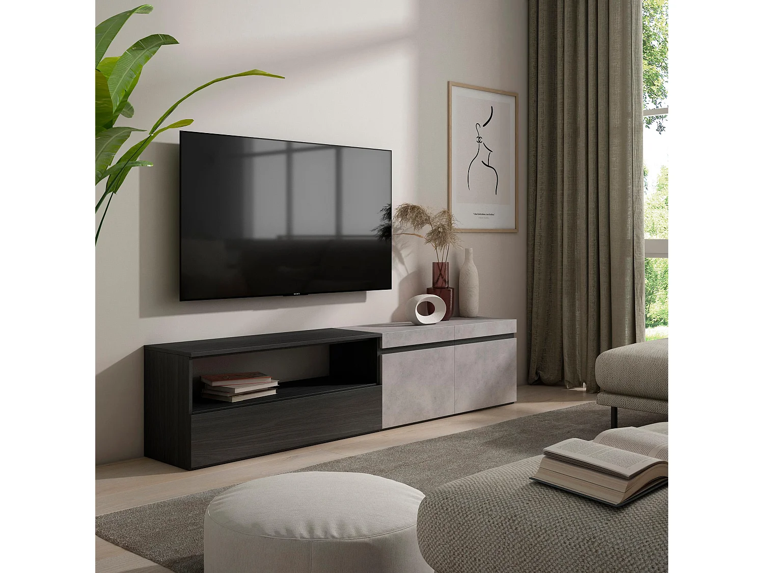 Meuble TV, Banc Télé, 200x35x45cm, Pour les TV jusqu'à 80", Meubles de salon, Ciment