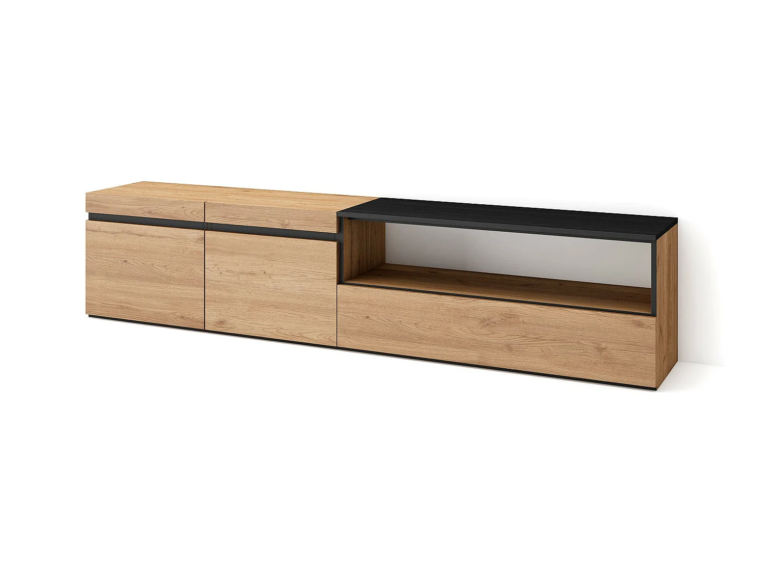 Meuble TV, Banc Télé, 200x35x45cm, Pour les TV jusqu'à 80", Meubles de salon, Chêne et noir