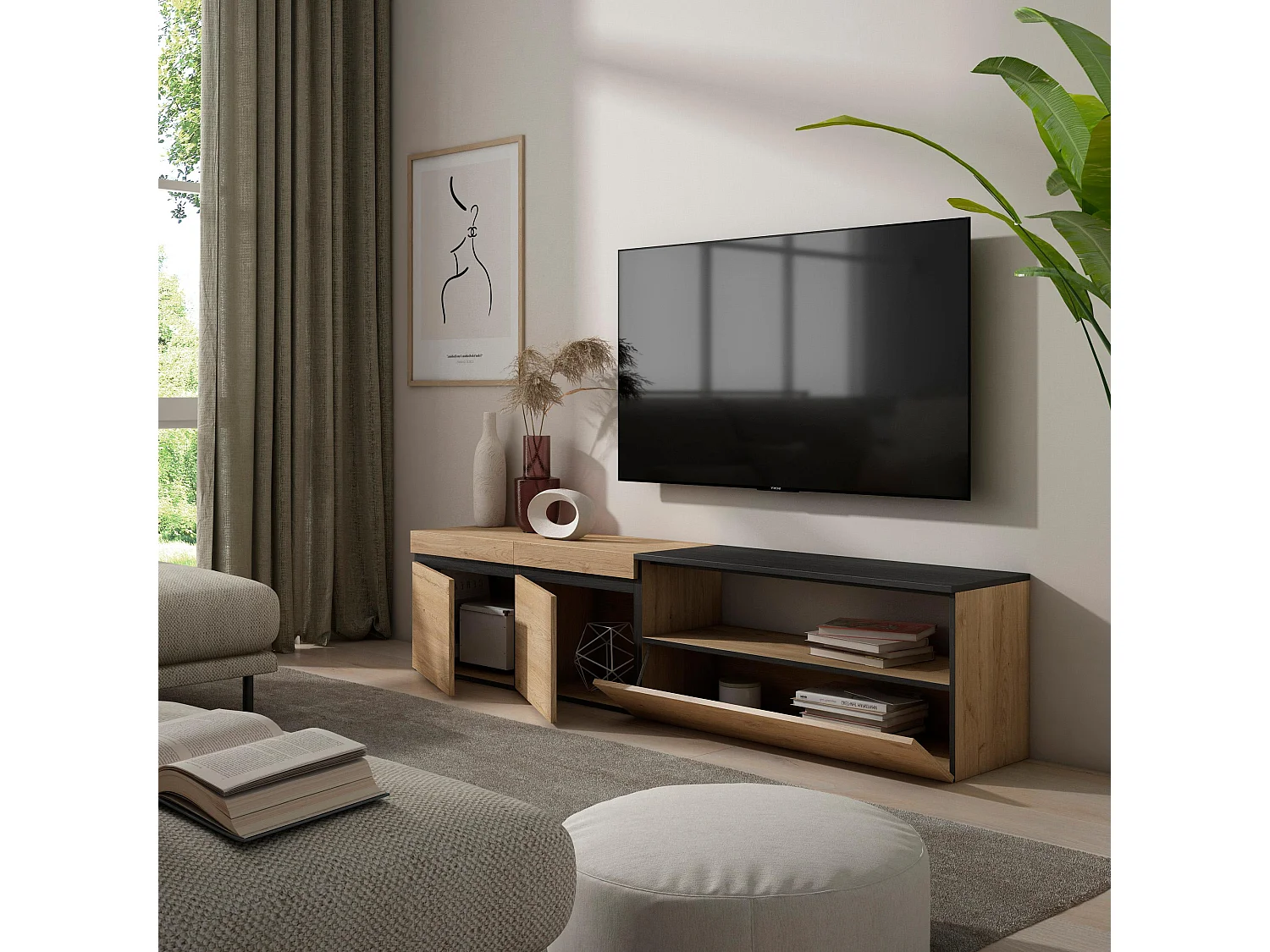 Meuble TV, Banc Télé, 200x35x45cm, Pour les TV jusqu'à 80", Meubles de salon, Chêne et noir