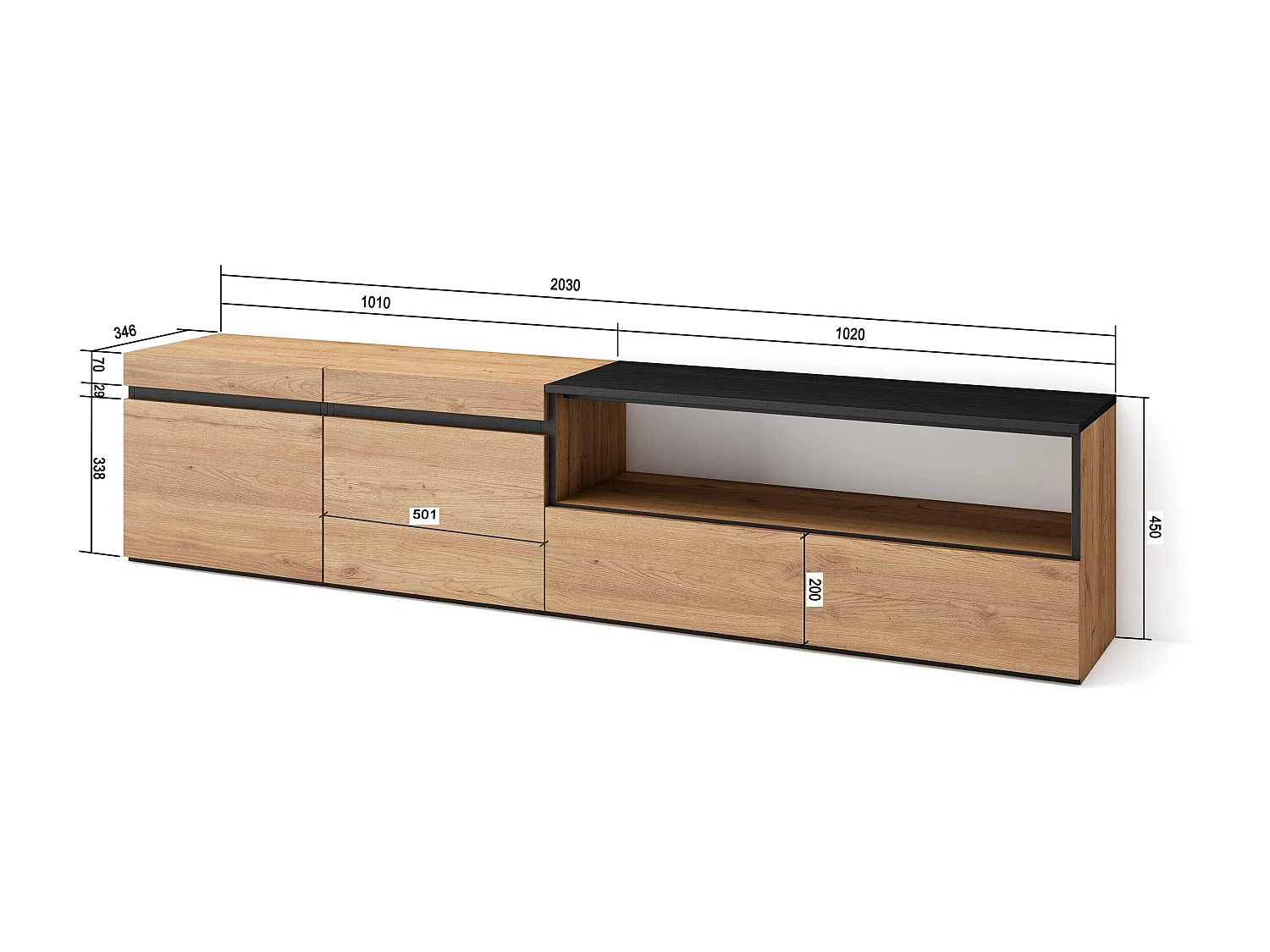 Meuble TV, Banc Télé, 200x35x45cm, Pour les TV jusqu'à 80", Meubles de salon, Chêne et noir