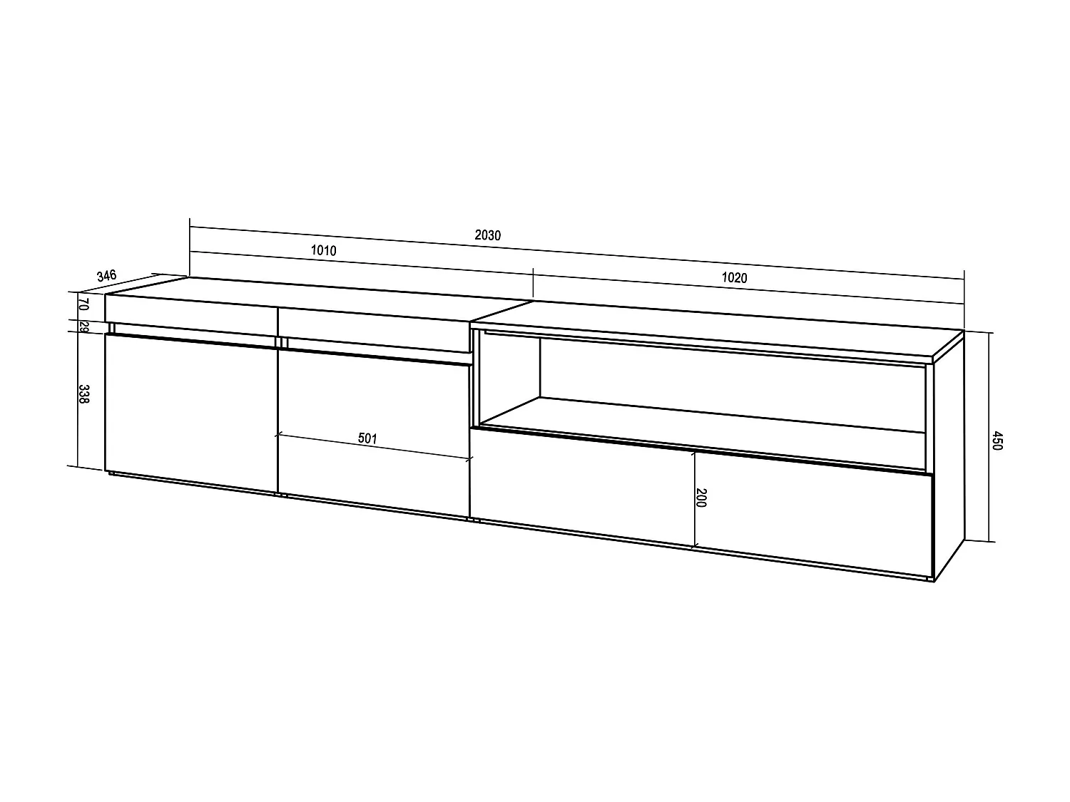 TV-Schrank, Lowboard, 200x35x45cm, Für TV-Geräte bis zu 80", Fernsehtisch, Zement