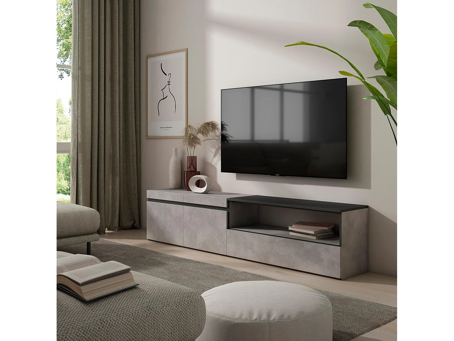 Meuble TV, Banc Télé, 200x35x45cm, Pour les TV jusqu'à 80", Meubles de salon, Ciment