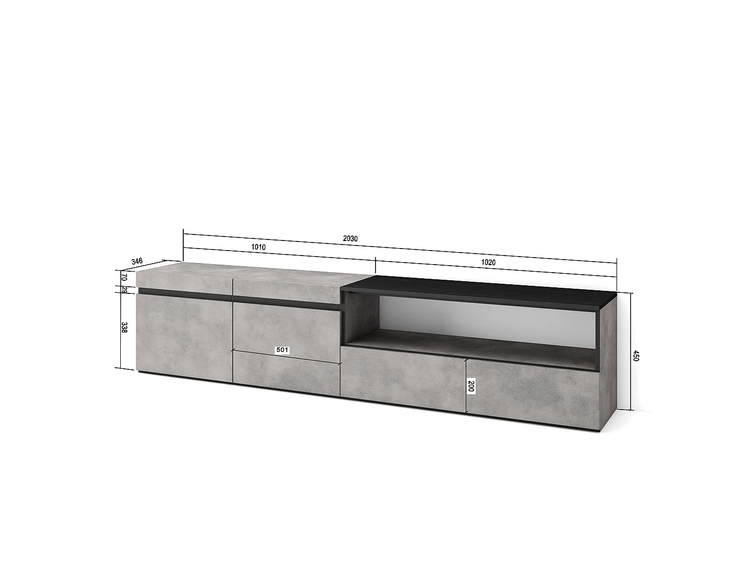 TV-Meubel, Lowboard, 200x35x45cm, Voor tv's tot 80", TV-Tafel, Cement