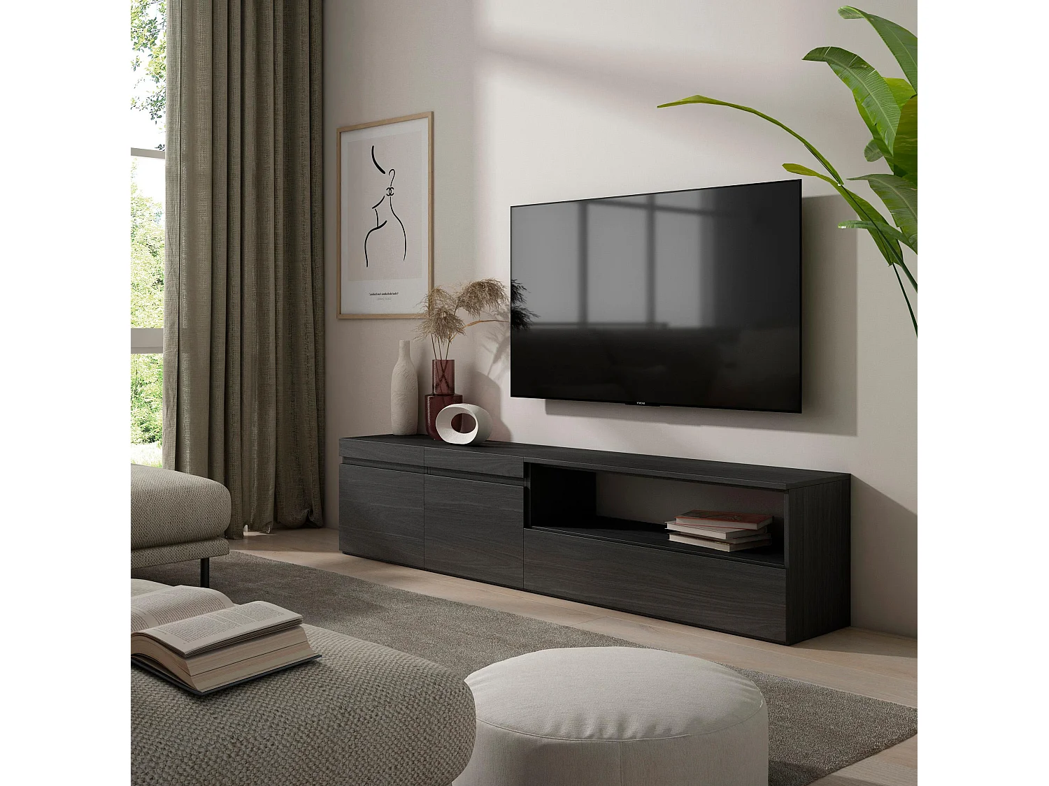 TV-Meubel, Lowboard, 200x35x45cm, Voor tv's tot 80", TV-Tafel, Zwart