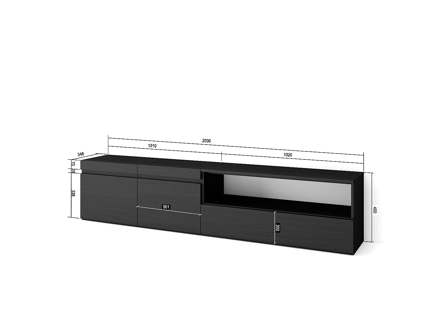 TV-Meubel, Lowboard, 200x35x45cm, Voor tv's tot 80", TV-Tafel, Zwart