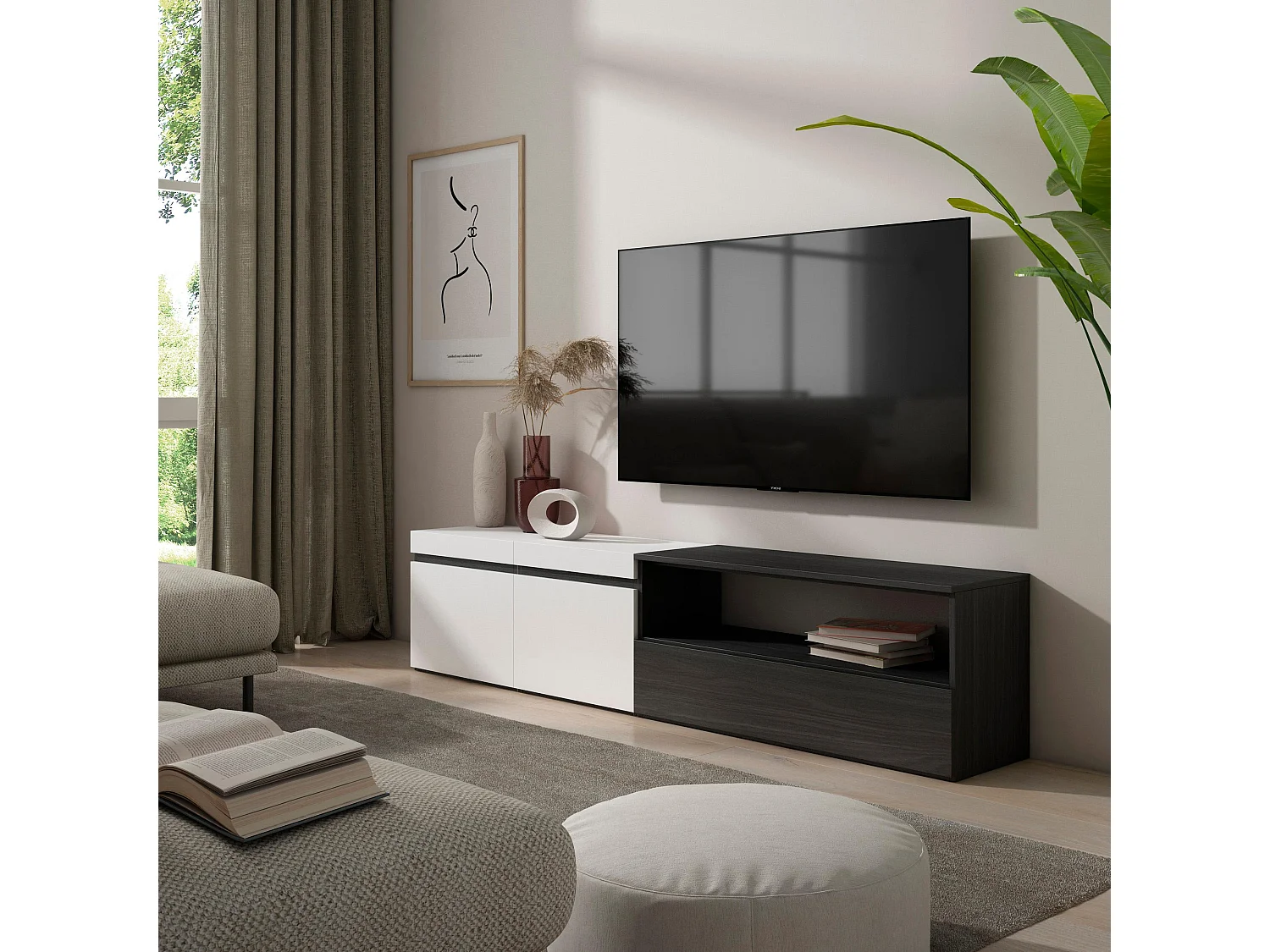 TV-Meubel, Lowboard, 200x35x45cm, Voor tv's tot 80", TV-Tafel, Wit en Zwart