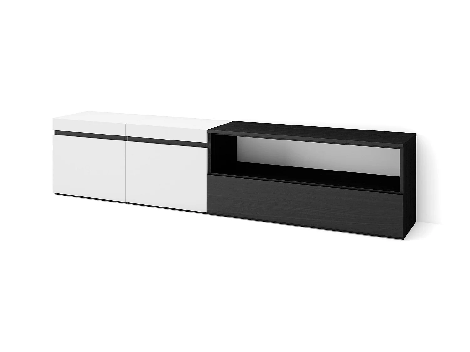 Meuble TV, Banc Télé, 200x35x45cm, Pour les TV jusqu'à 80", Meubles de salon, Blanc et noir