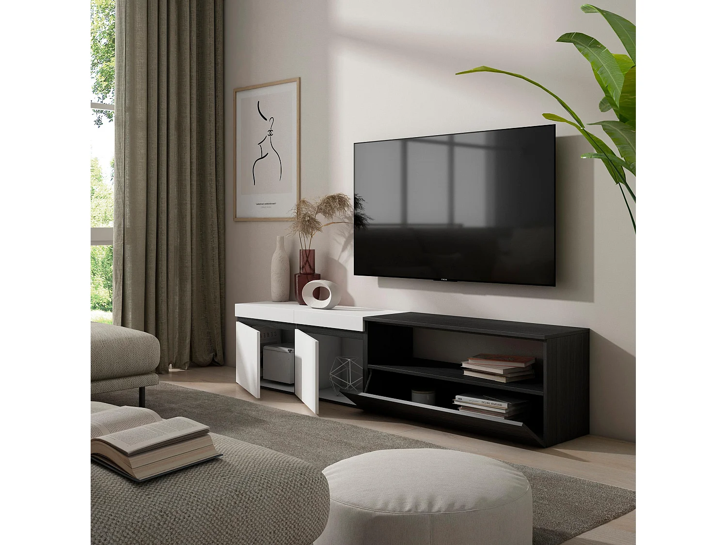 TV-Meubel, Lowboard, 200x35x45cm, Voor tv's tot 80", TV-Tafel, Wit en Zwart