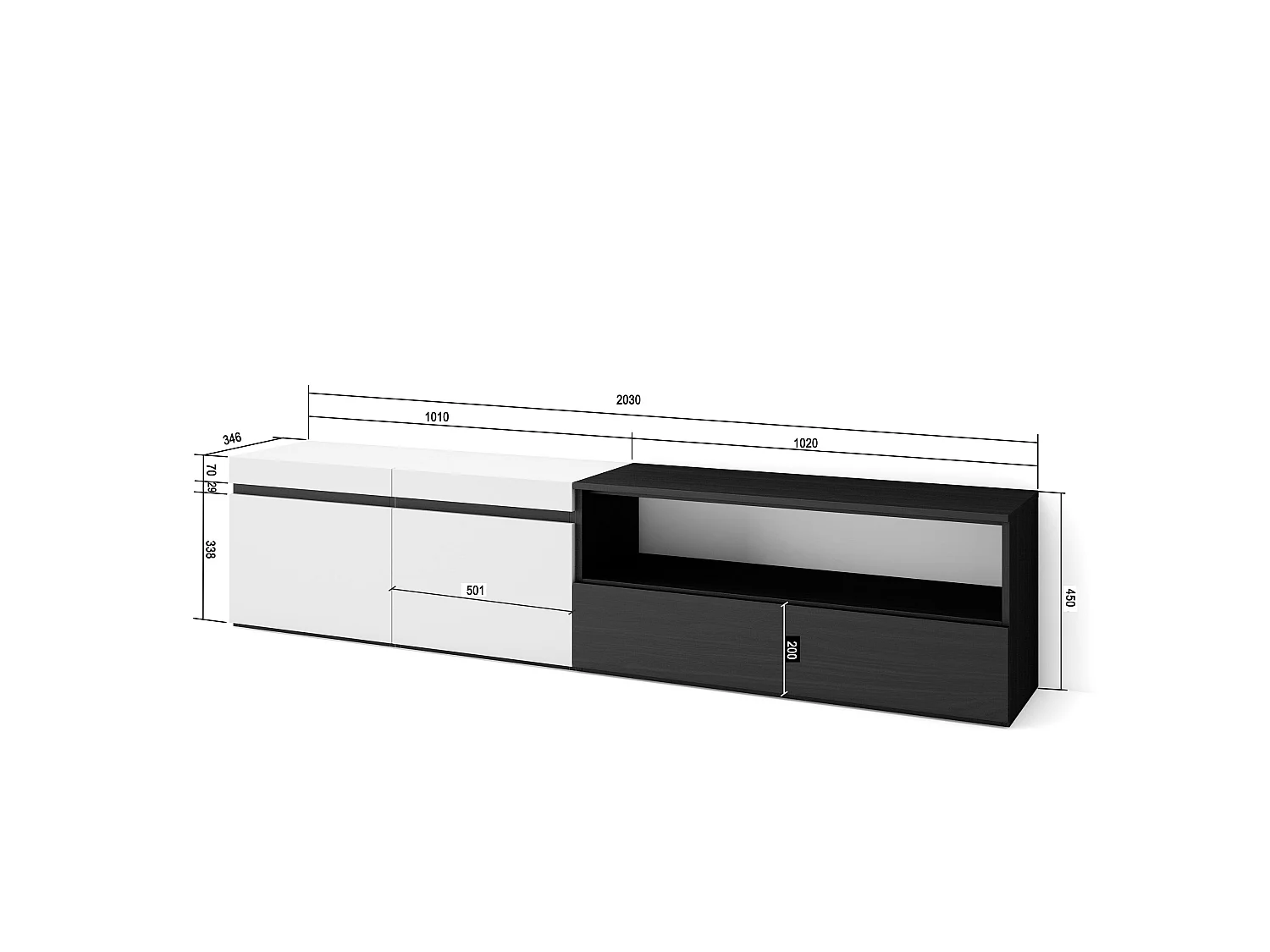 TV-Meubel, Lowboard, 200x35x45cm, Voor tv's tot 80", TV-Tafel, Wit en Zwart