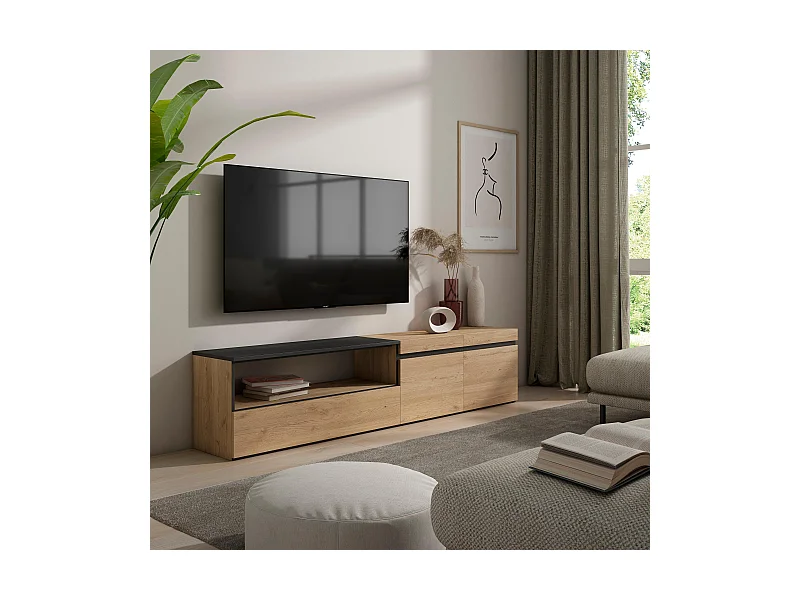 TV-Schrank, Lowboard, 200x35x45cm, Für TV-Geräte bis zu 80", Fernsehtisch, Eiche Schwarz