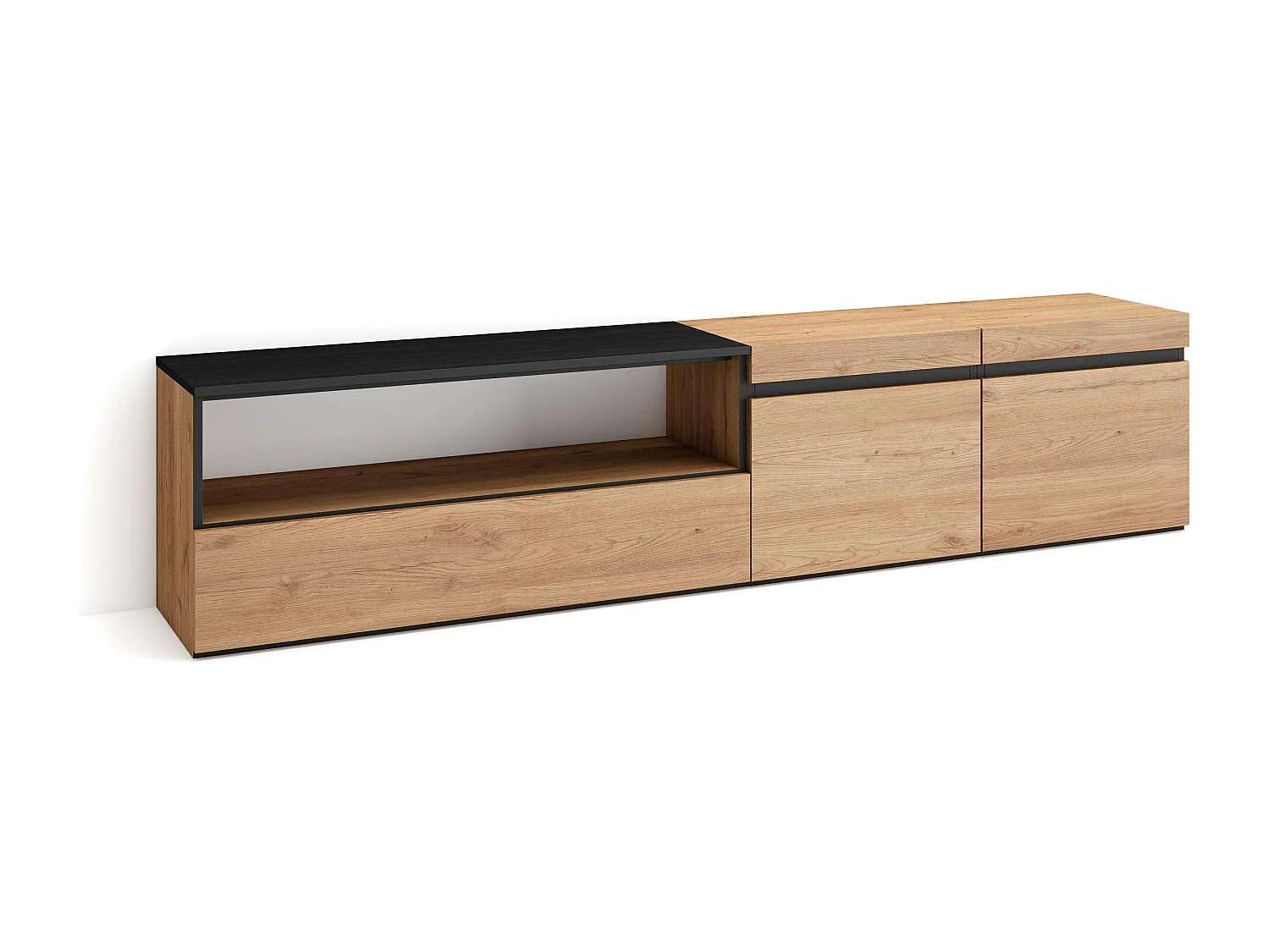 TV-Schrank, Lowboard, 200x35x45cm, Für TV-Geräte bis zu 80", Fernsehtisch, Eiche Schwarz