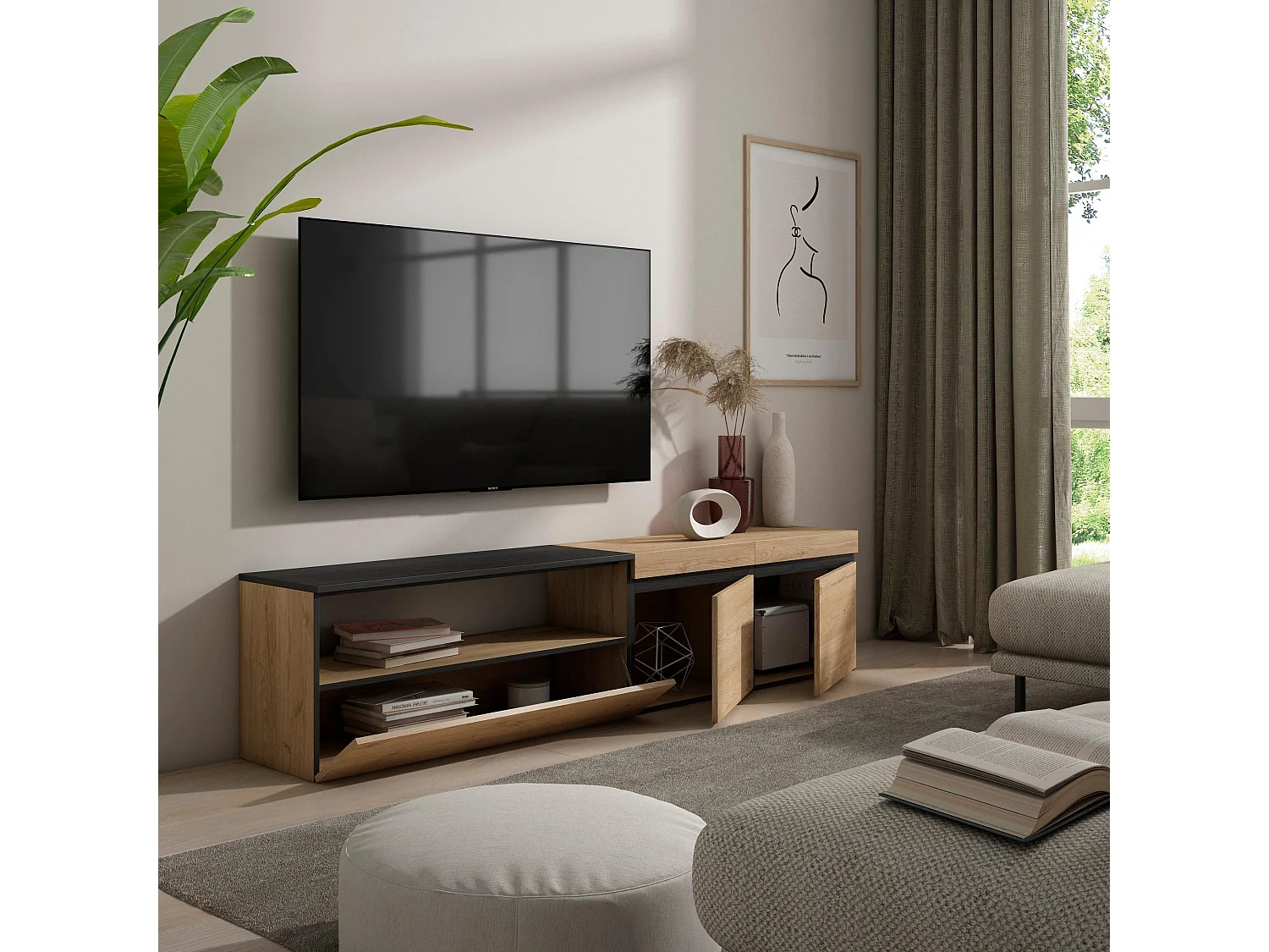 TV-Schrank, Lowboard, 200x35x45cm, Für TV-Geräte bis zu 80", Fernsehtisch, Eiche Schwarz