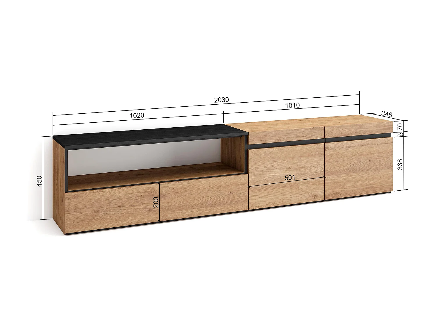 TV-Schrank, Lowboard, 200x35x45cm, Für TV-Geräte bis zu 80", Fernsehtisch, Eiche Schwarz