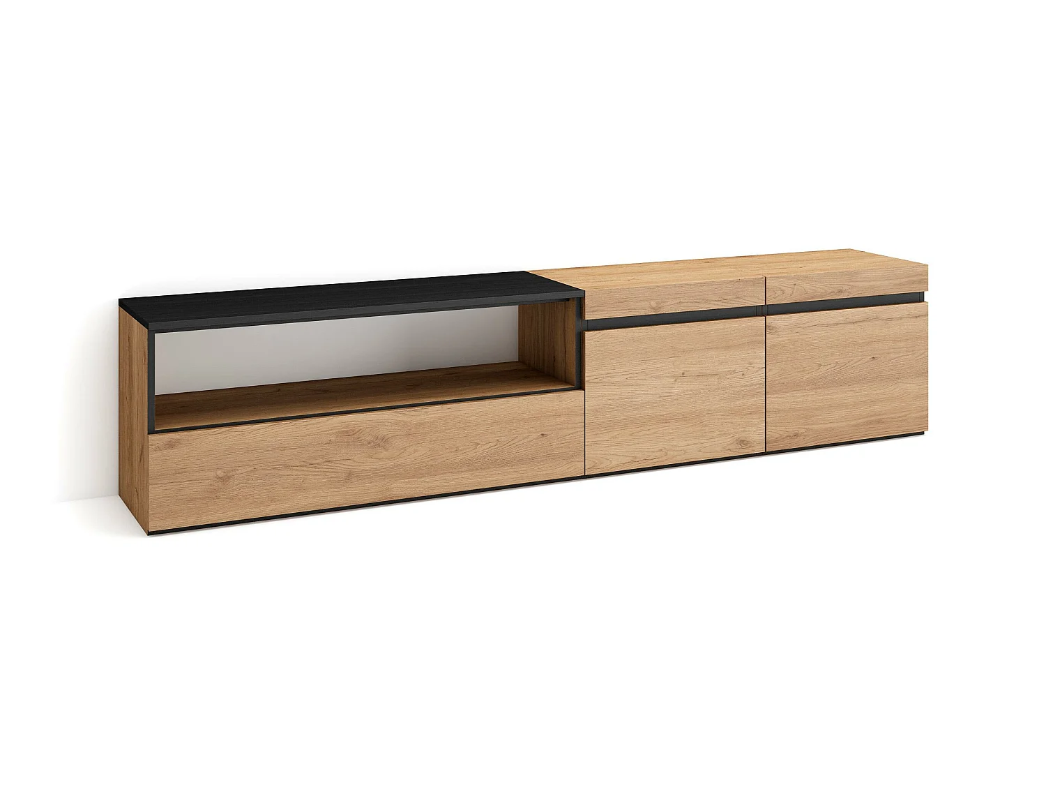Meuble TV, Banc Télé, 200x35x45cm, Pour les TV jusqu'à 80", Meubles de salon, Chêne et noir