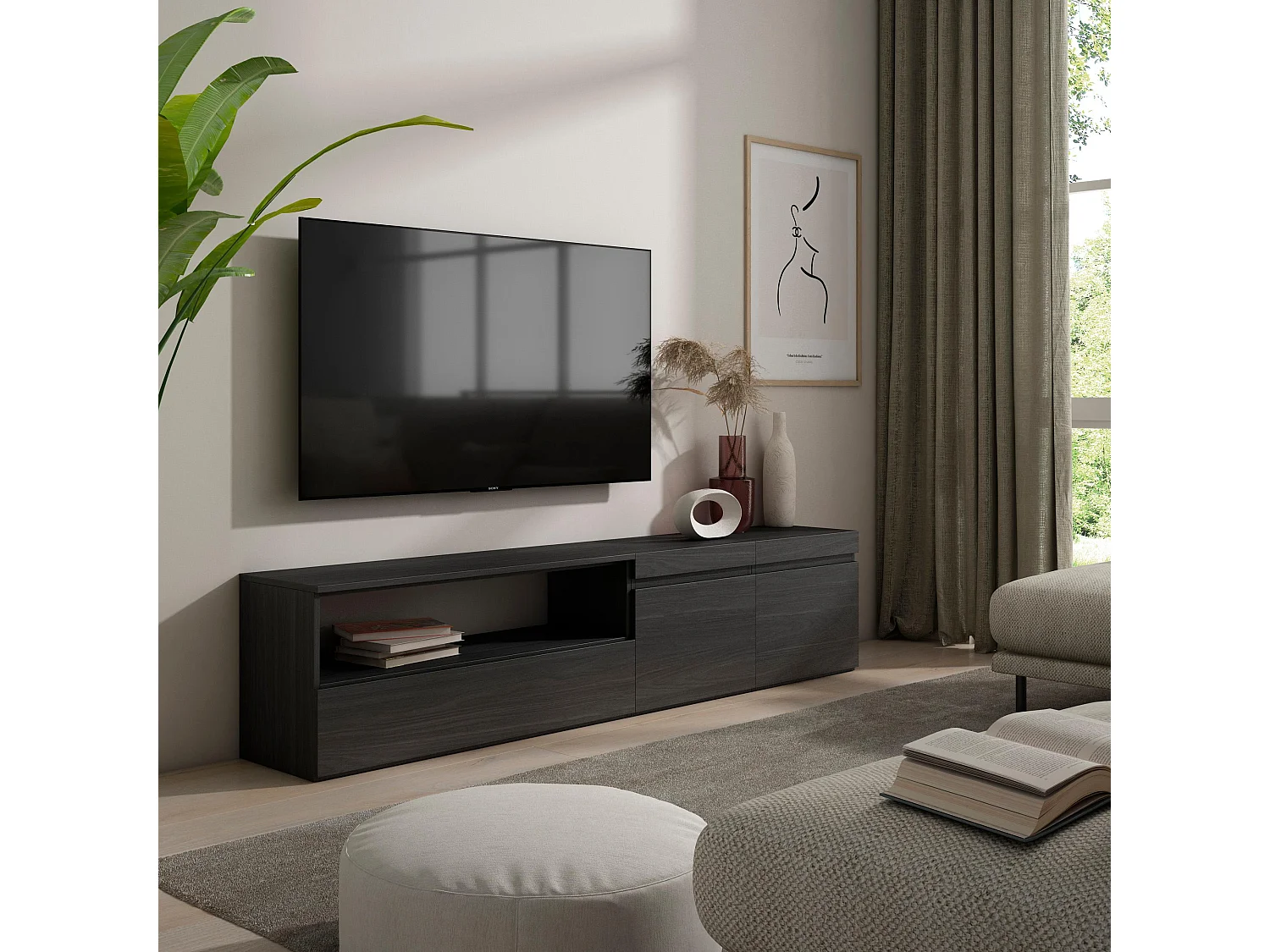 TV-Meubel, Lowboard, 200x35x45cm, Voor tv's tot 80", TV-Tafel, Zwart