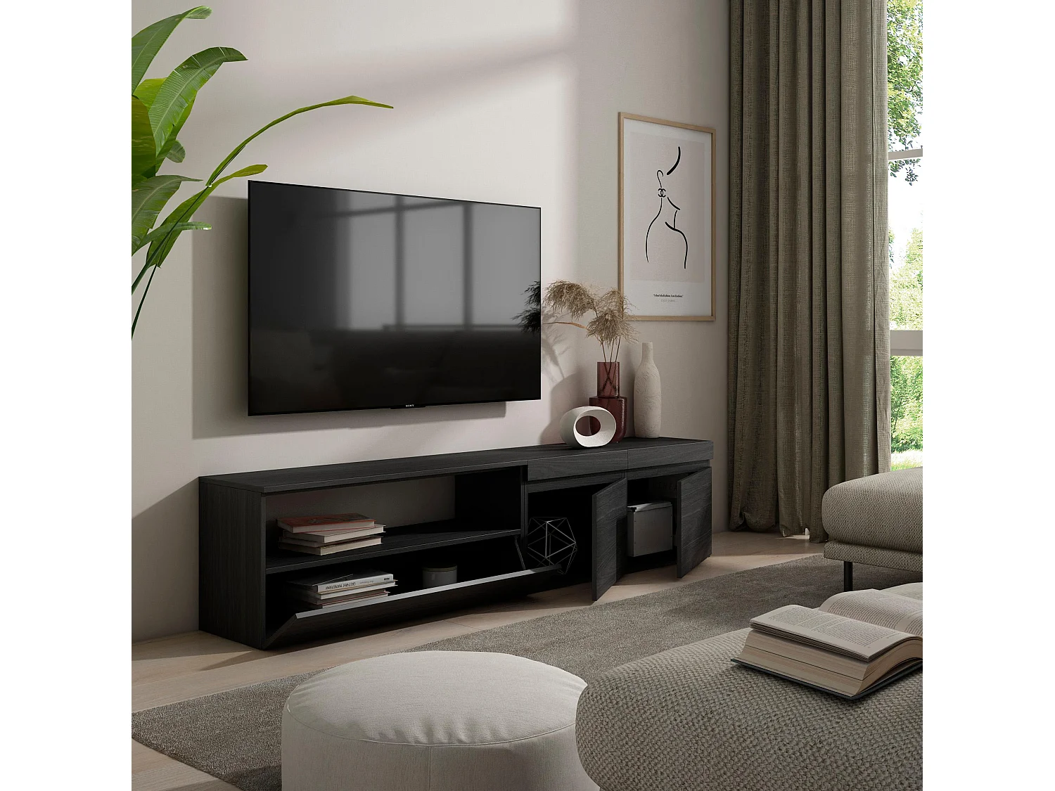 TV-Meubel, Lowboard, 200x35x45cm, Voor tv's tot 80", TV-Tafel, Zwart