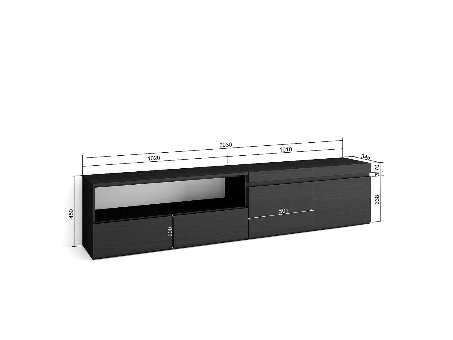 TV-Meubel, Lowboard, 200x35x45cm, Voor tv's tot 80", TV-Tafel, Zwart