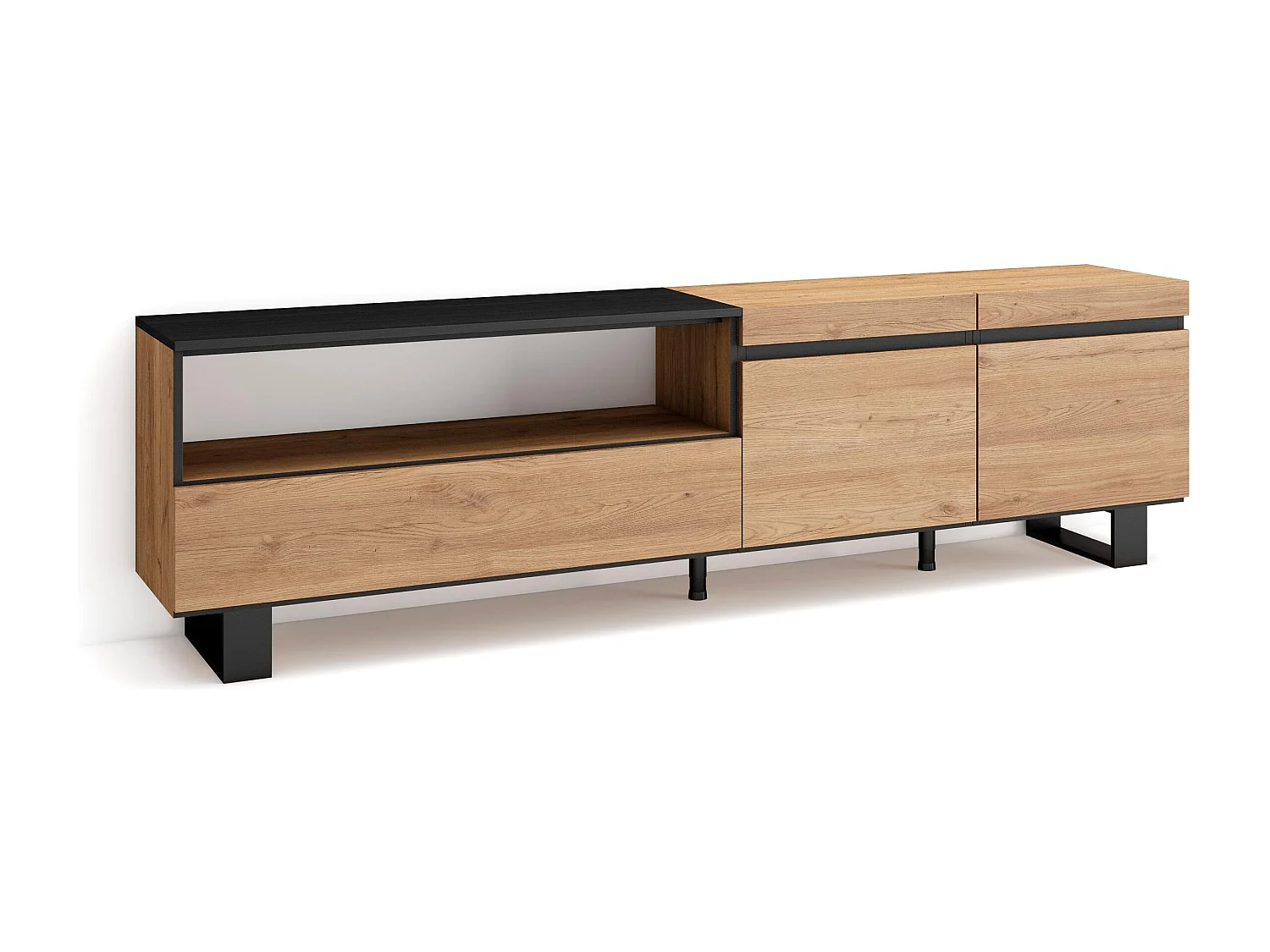 TV-Meubel, Lowboard, 200x35x57cm, Voor tv's tot 80", Industrieel design, Eiken/Zwart