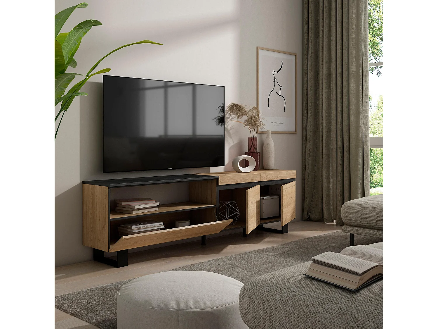 TV-Meubel, Lowboard, 200x35x57cm, Voor tv's tot 80", Industrieel design, Eiken/Zwart