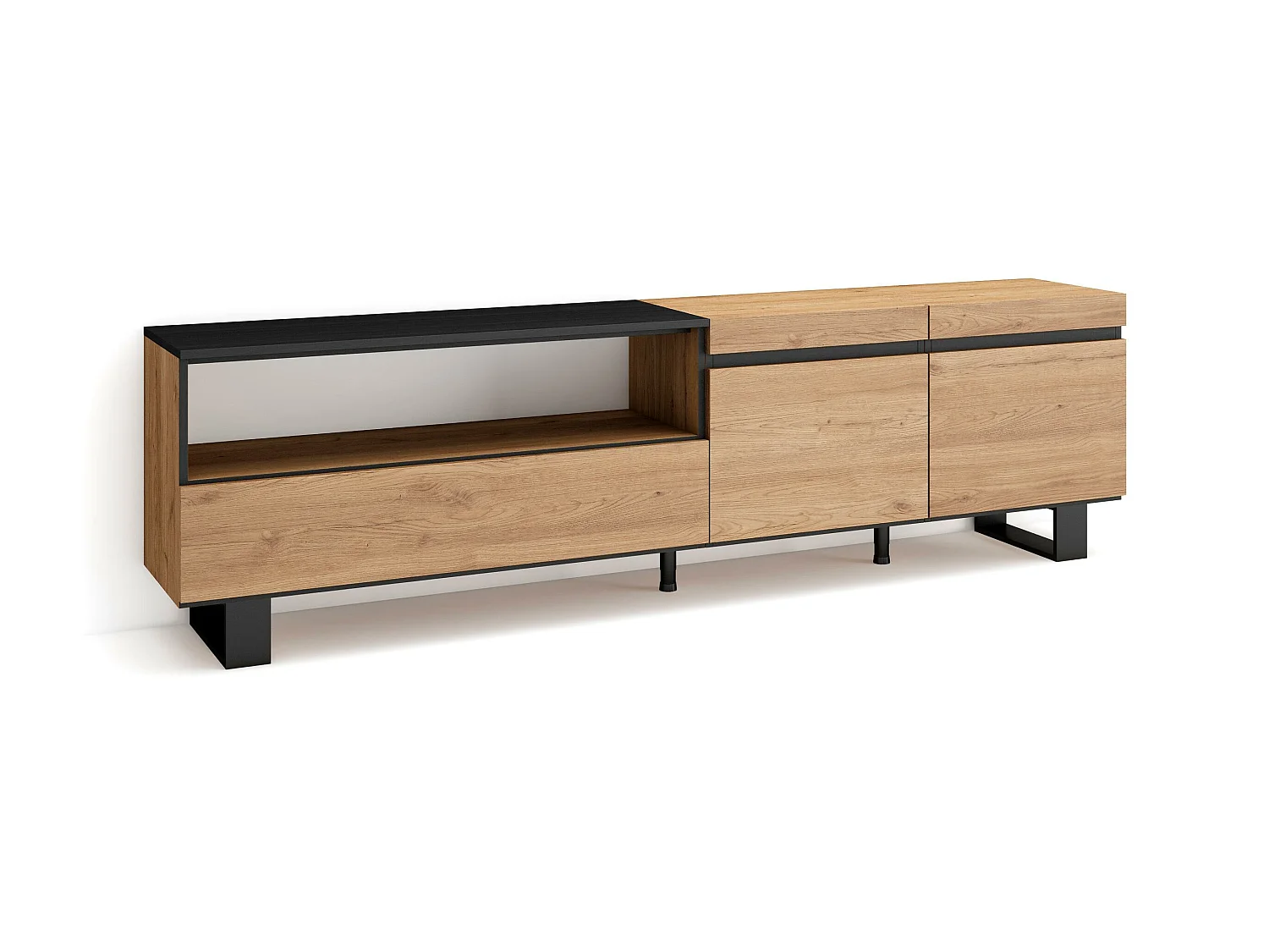 Meuble TV, Banc Télé, 200x35x57cm, Pour les TV jusqu'à 80", Design industriel, Chêne et noir