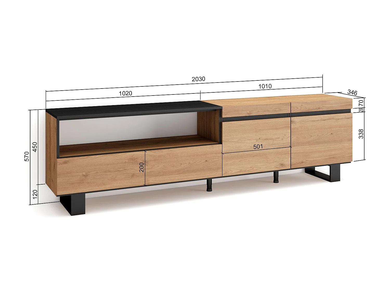 Meuble TV, Banc Télé, 200x35x57cm, Pour les TV jusqu'à 80", Design industriel, Chêne et noir