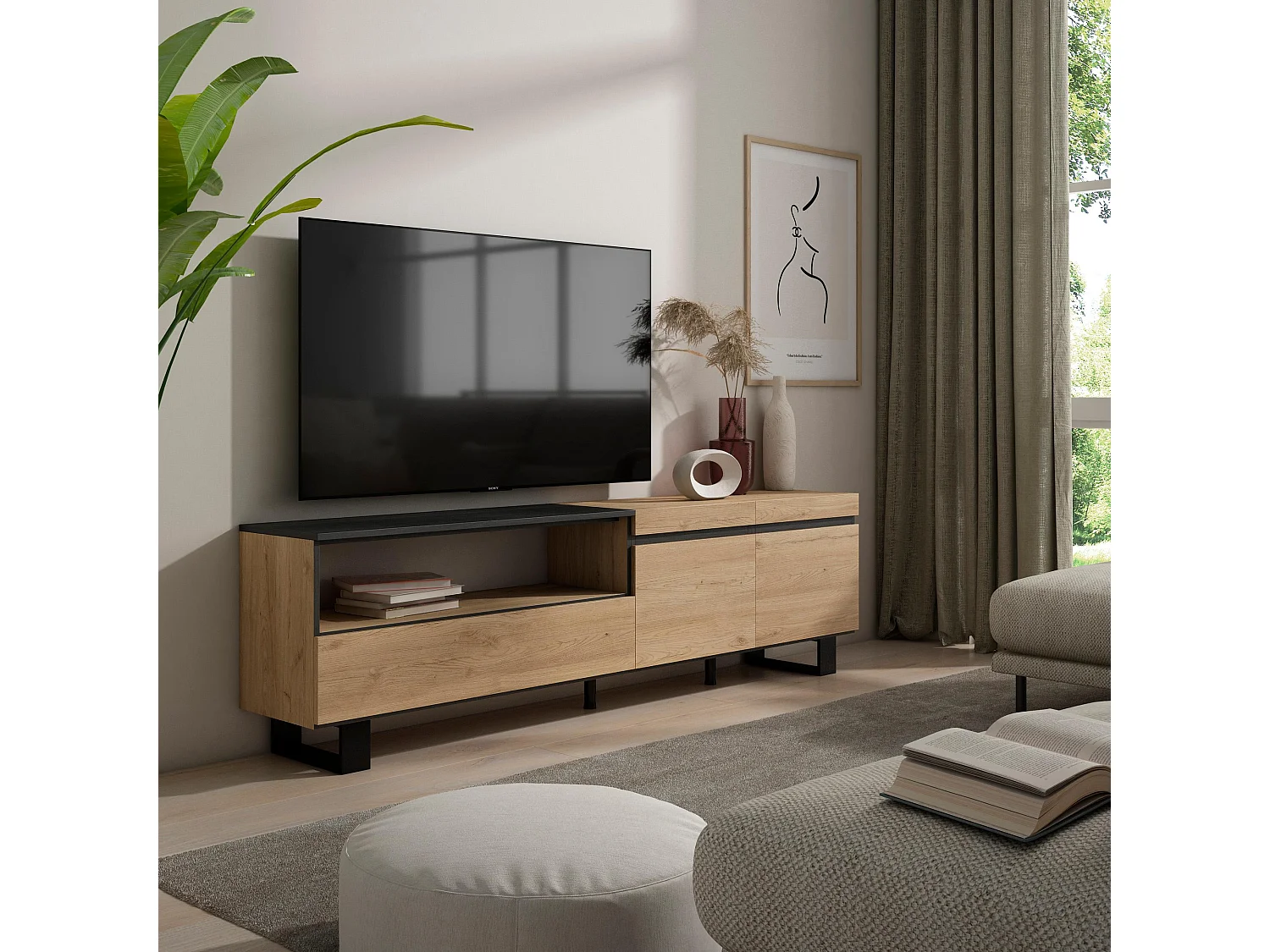 TV-Meubel, Lowboard, 200x35x57cm, Voor tv's tot 80", Industrieel design, Eiken/Zwart