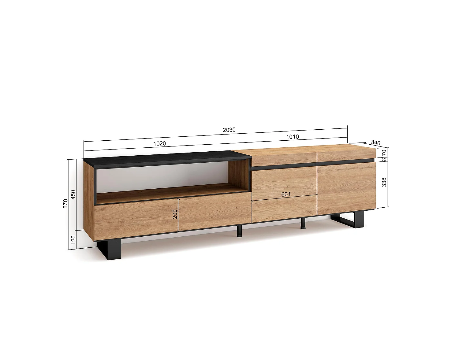 TV-Meubel, Lowboard, 200x35x57cm, Voor tv's tot 80", Industrieel design, Eiken/Zwart