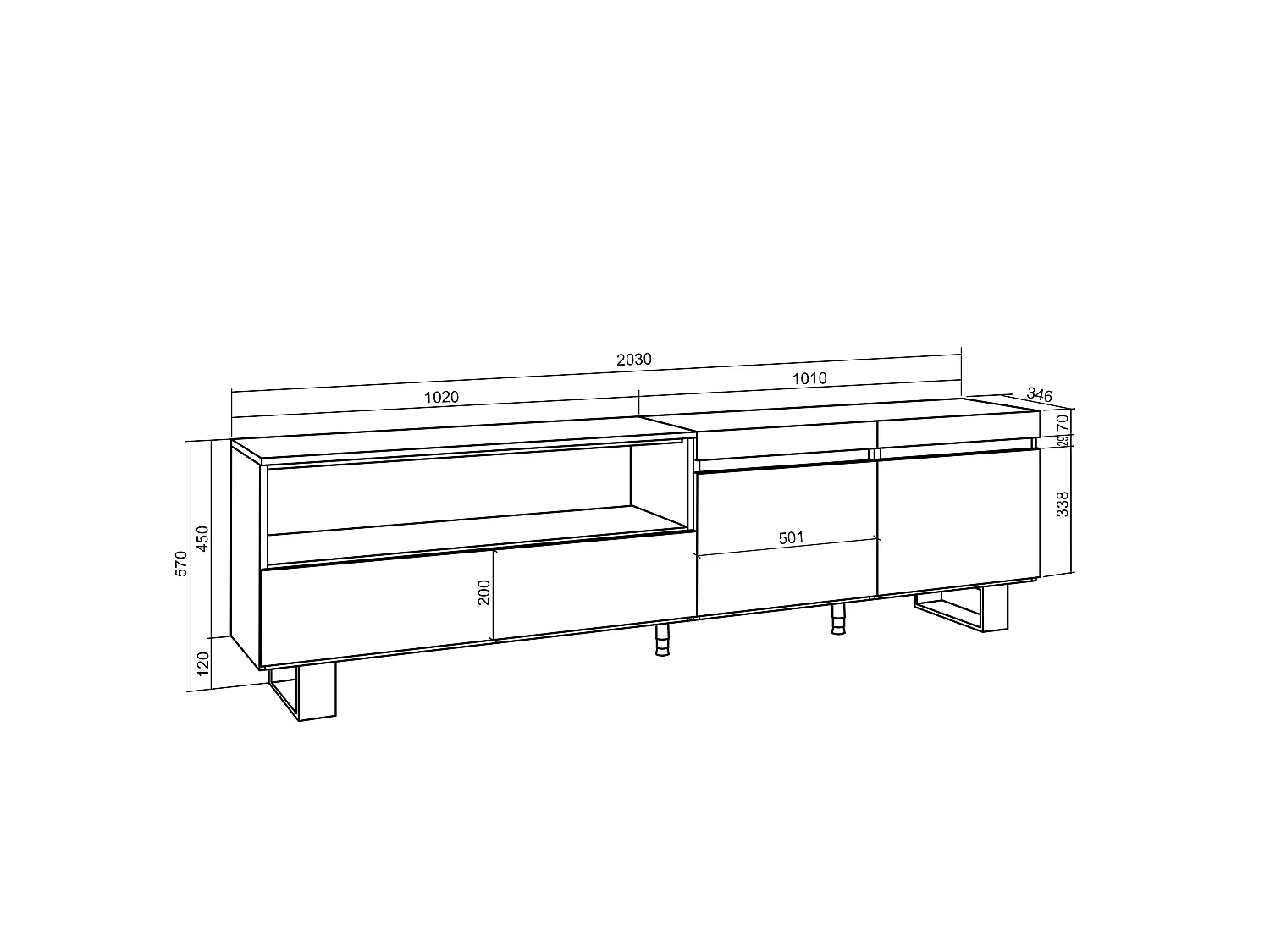 TV-Meubel, Lowboard, 200x35x57cm, Voor tv's tot 80", Industrieel design, Eiken/Zwart