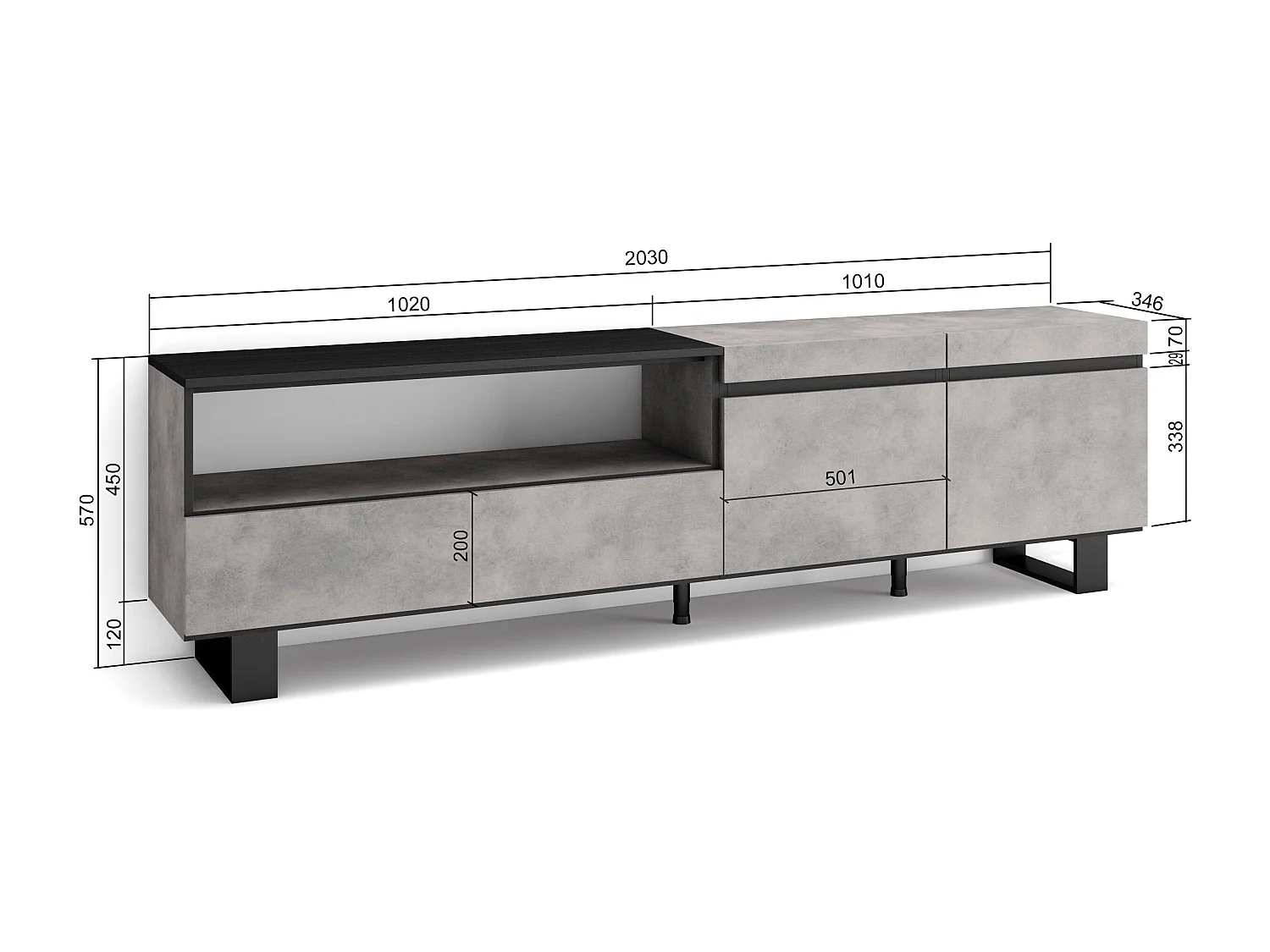 Móvel de TV, 200x35x57cm, Para televisores até 80", Design industrial, Cimento