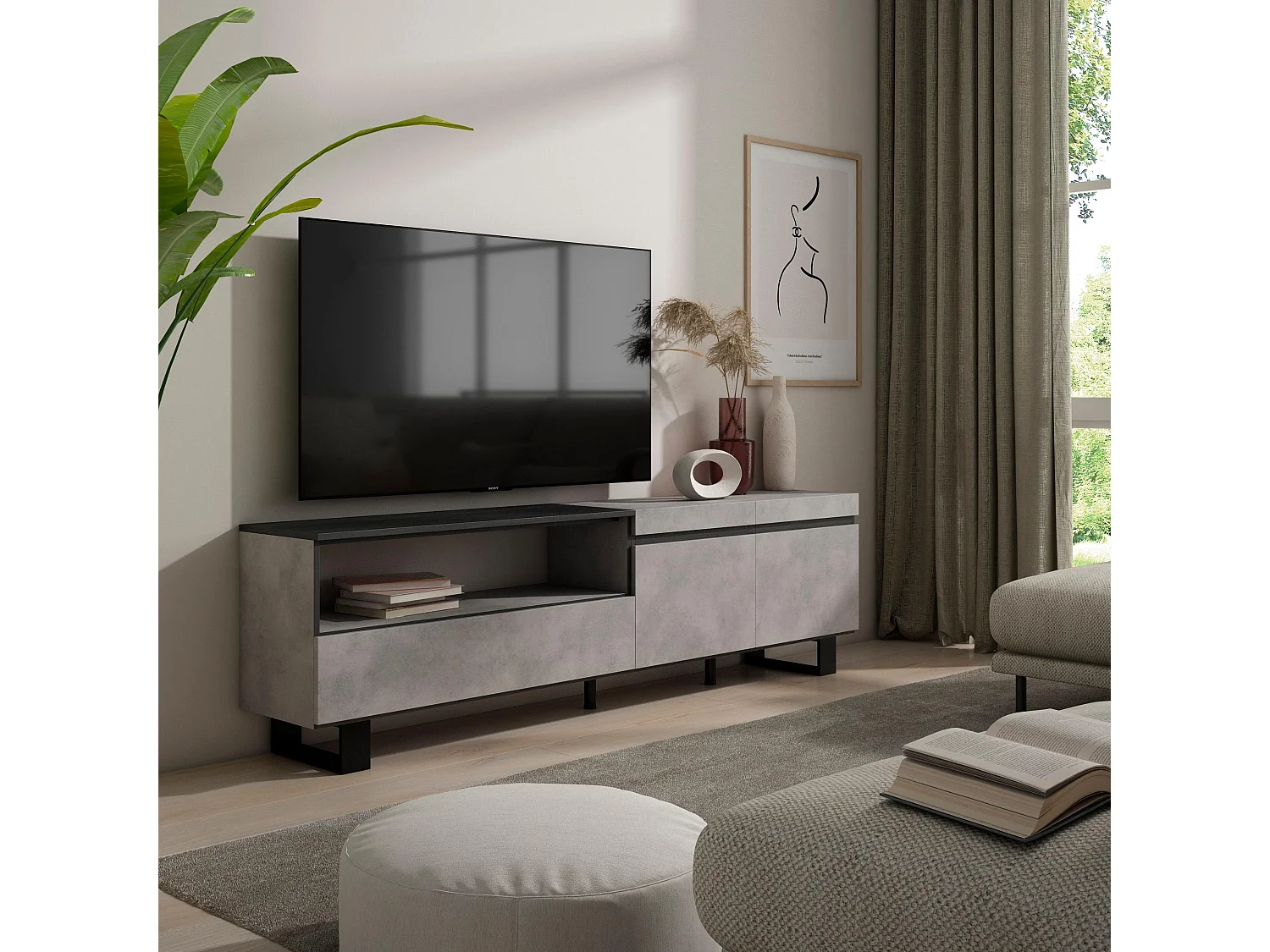 TV-Schrank, Lowboard, 200x35x57cm, Für TV-Geräte bis zu 80", Industriedesign, Zement