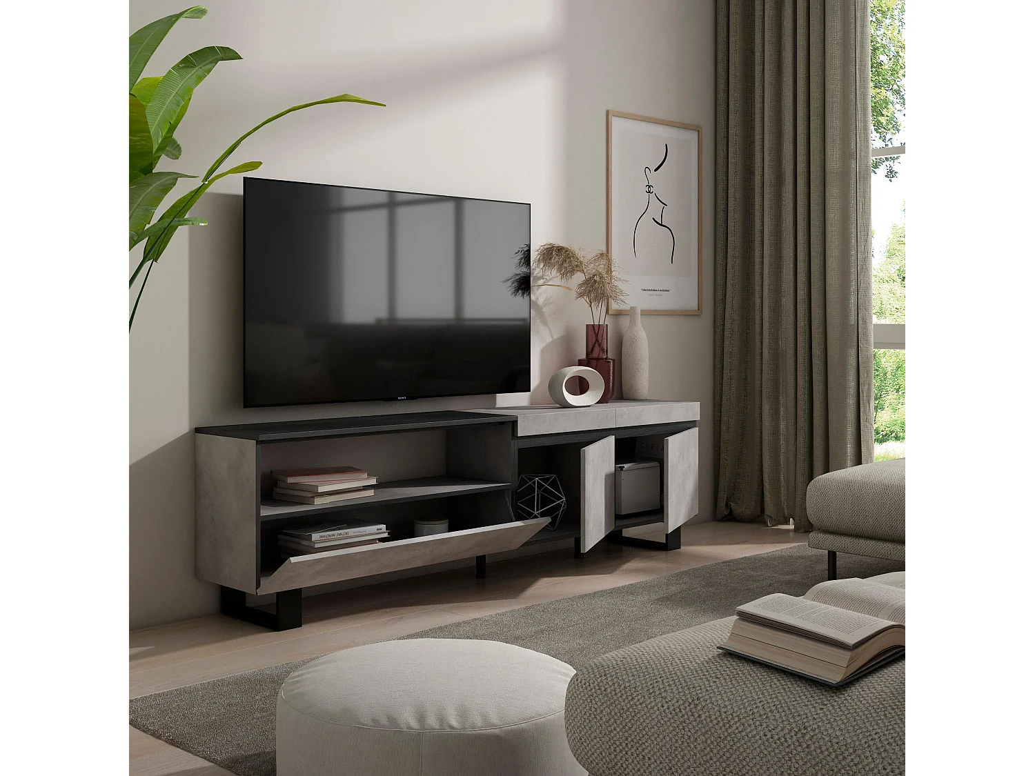 TV-Schrank, Lowboard, 200x35x57cm, Für TV-Geräte bis zu 80", Industriedesign, Zement