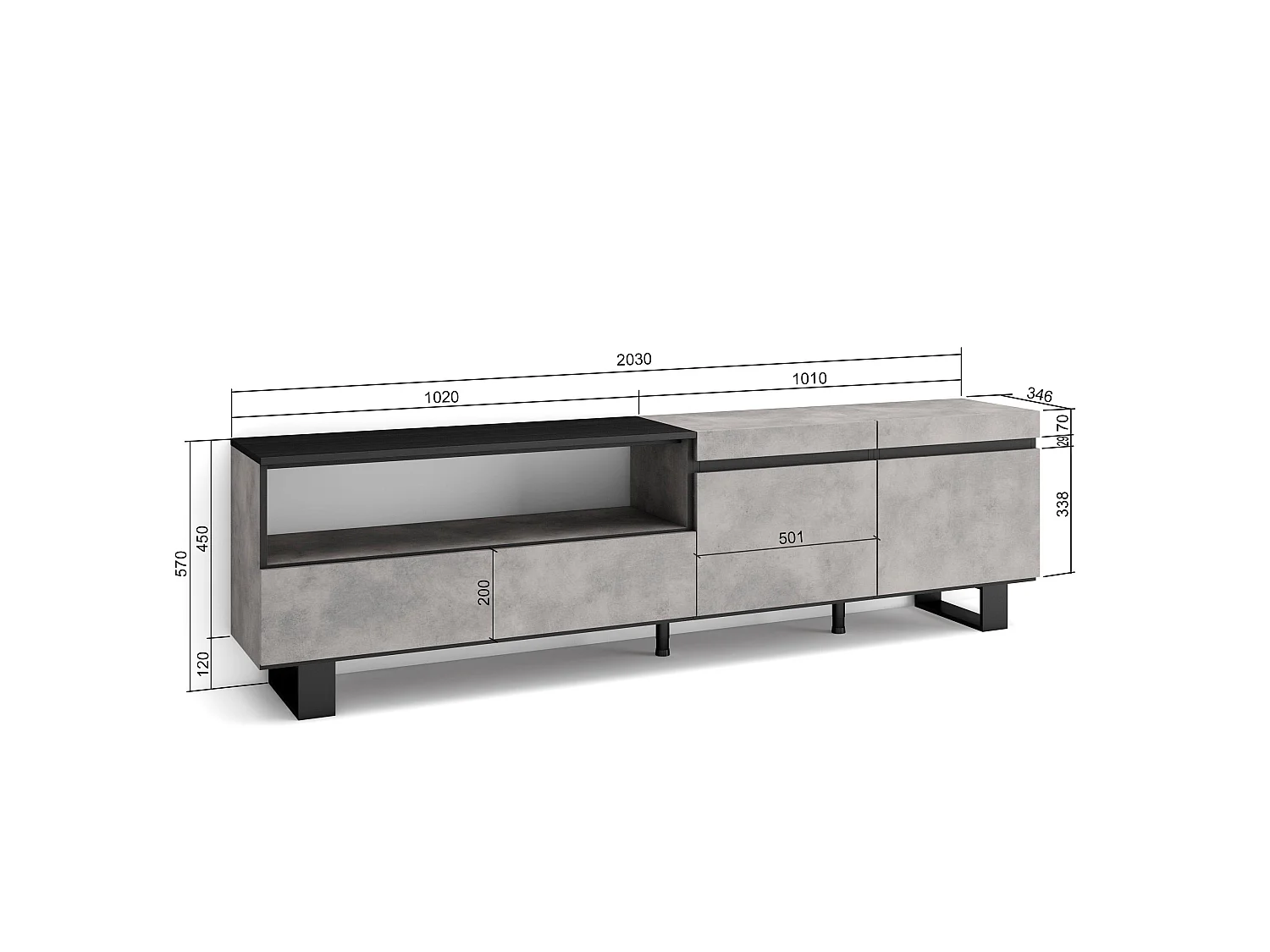 TV-Schrank, Lowboard, 200x35x57cm, Für TV-Geräte bis zu 80", Industriedesign, Zement