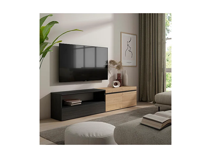 TV-Schrank, Lowboard, 200x35x45cm, Für TV-Geräte bis zu 80", Fernsehtisch, Eiche Schwarz