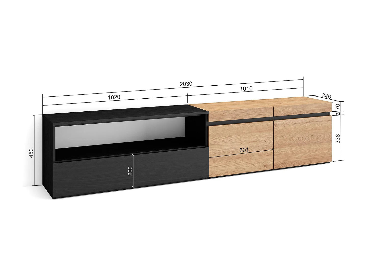 TV-Schrank, Lowboard, 200x35x45cm, Für TV-Geräte bis zu 80", Fernsehtisch, Eiche Schwarz